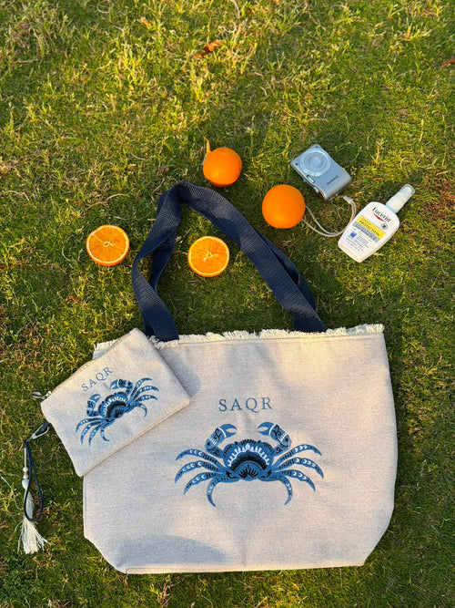 Natural linen tote bag with indigo crab motif and matching pouch