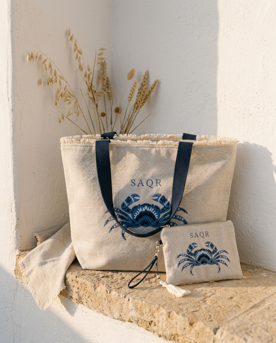 Crab Linen Tote & Pouch Set in warm natural light beside a whitewashed wall