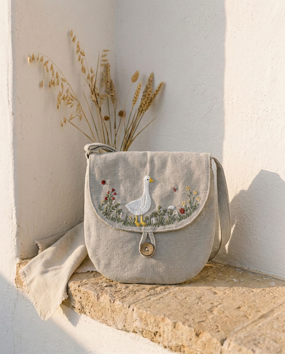 Goose Linen Crossbody against a whitewashed wall in warm natural light