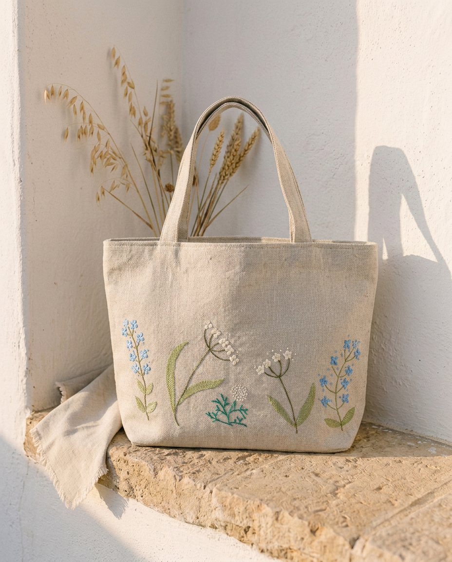 Wildflower Linen Tote against a whitewashed wall in warm natural light