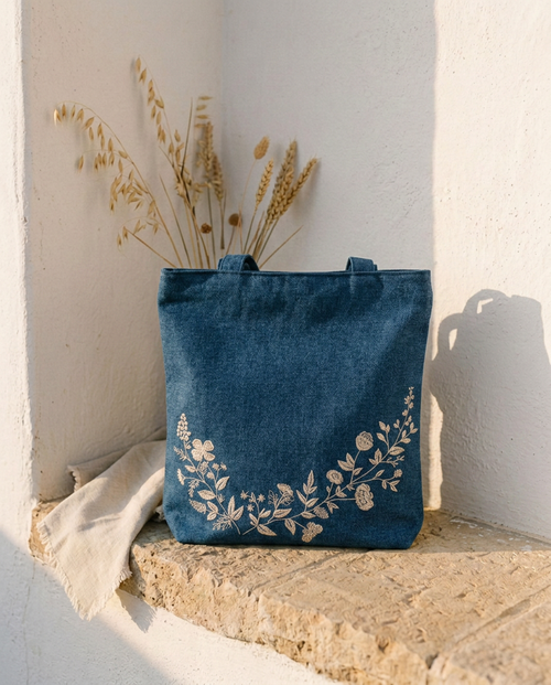 Denim Floral Tote against a whitewashed wall in warm natural light