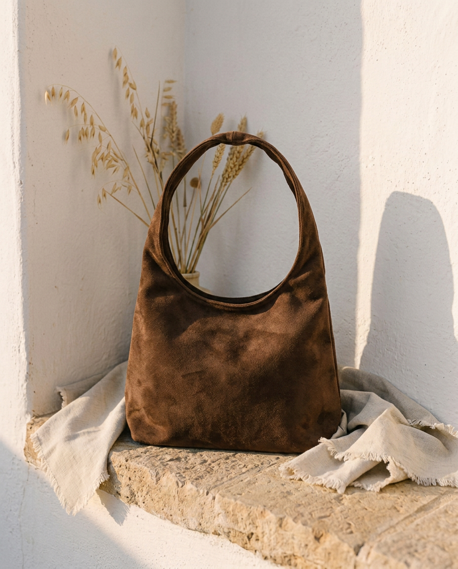 Suede Hobo Bag against a whitewashed wall in warm natural light